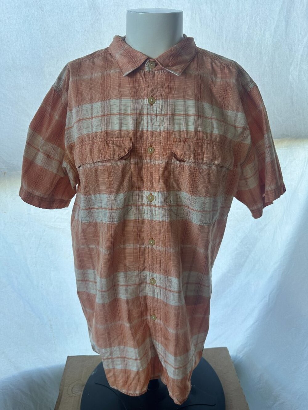North Face Vapor Wick Men's Orange White Plaid Polyester Button Front Shirt XL